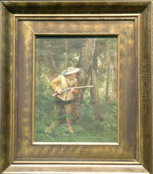 Musketeer In A Forest Oil Painting by Albert Pierre Dawant