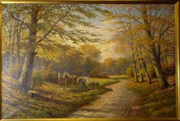 Woodland Scene With A Woodcutter Standing Beside A Pile Of Logs, With A Pair Of Horses And A Cart Behind. Oil Painting by Alfred Dawson