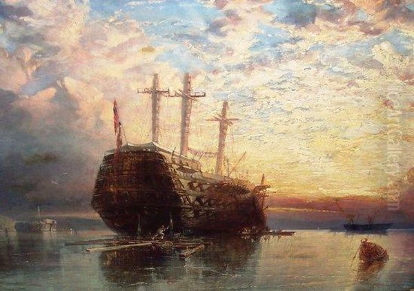 Royal Navy Hulks At Sunset Oil Painting by Henry Thomas Dawson