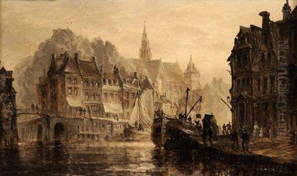 On The Canal At Leyden Oil Painting by Henry Thomas Dawson