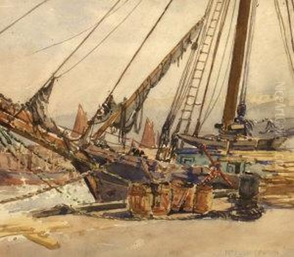 Ships In A Harbour Oil Painting by Nelson Ethelred Dawson