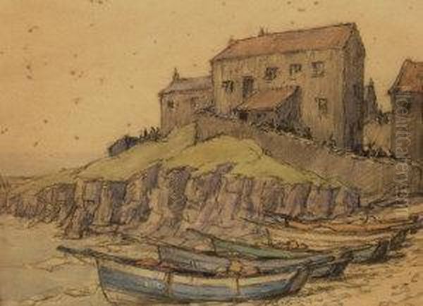 Beached Fishing Boats With Cottages On A Rocky Outcrop Oil Painting by Nelson Ethelred Dawson