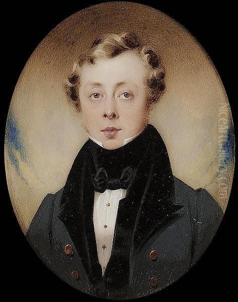 A Young Gentleman, Wearing Blue Coat With Black Velvet Collar, Black Waistcoat, White Chemise And Tied Stock Oil Painting by Charles William Day