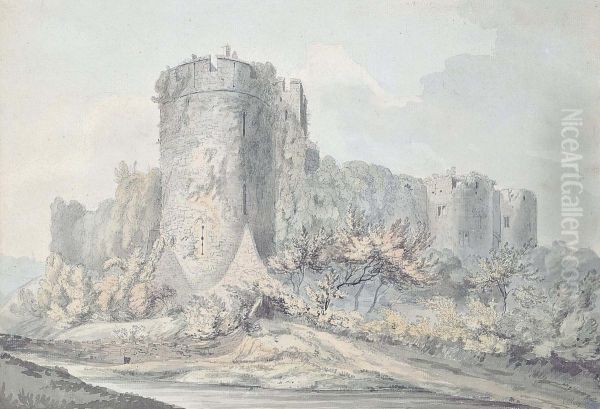 Ruined Castle Viewed From Below; And Ruins Beside A River Oil Painting by William Day