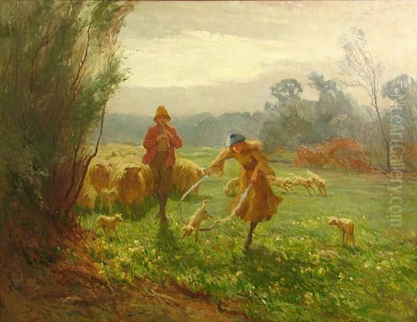 Shepherds And Their Flock In A Meadow Oil Painting by William Cave Day