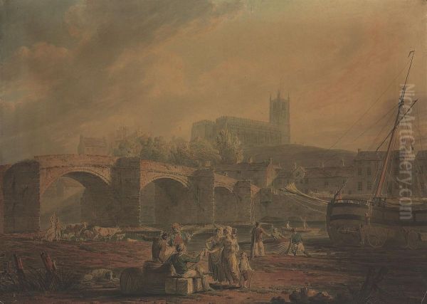 Lancaster Seen From The Old Bridge Over The River Lore Oil Painting by Edward Dayes