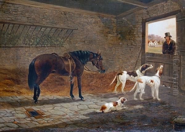 A Horse And Three Dogs In A Stable Interior Oil Painting by B. Dayrell