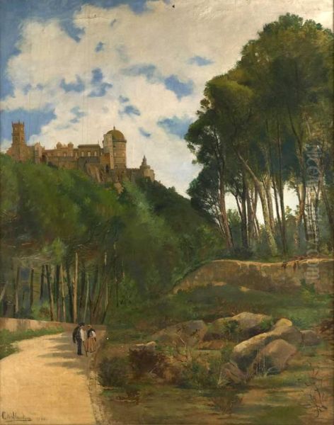 Vista De Sintra Com O Palacio Nacional Da Pena Oil Painting by Conde De Almedina