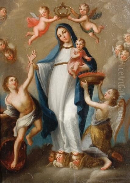 The Madonna And Child Surrounded Byangels Oil Painting by Jose De Alzibar