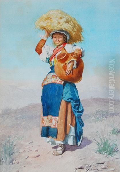 Dziewczyna Wiejska Z Dzbanem I Snopkiem Siana Oil Painting by Domenico De Angelis