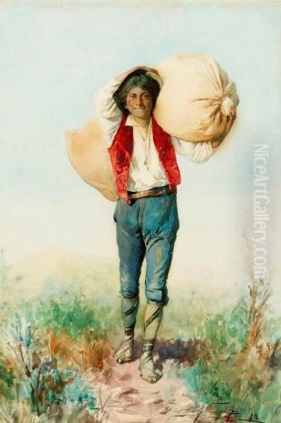 Young Man Carrying A Stick Oil Painting by Domenico De Angelis