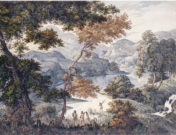 River Landscape With Indians Oil Painting by Manuel De Araujo Porto-Alegre