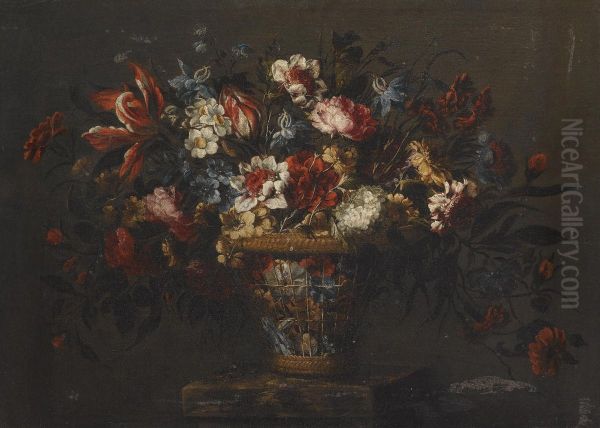 A Still Life With A Basket Of Tulips, Carnations And Other Flowers On A Stone Plinth Oil Painting by Jose De Arellano