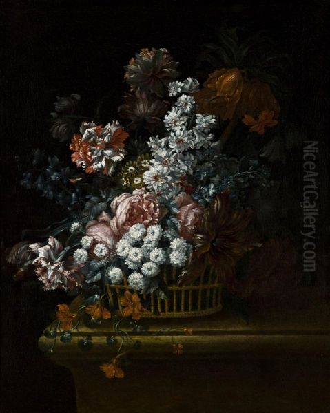 Trionfo Floreale In Un Cesto Su Un Piano Oil Painting by Jose De Arellano