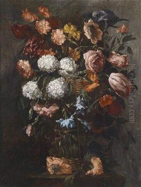 A Pair Of Still Lifes With Flowers Oil Painting by Juan De Arellano