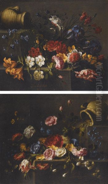 Lilies, Roses, Peonies, Pinks, Iris, A Tulip And Other Flowers On A Stone Ledge, An Earthenware Vessel Upper Left Oil Painting by Juan De Arellano