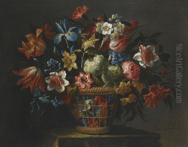 Still Life With Flowers, Including Anemones, Snowballs And Yellownarcissi, In A Wicker Basket Set Upon A Stone Pedestal Oil Painting by Juan De Arellano