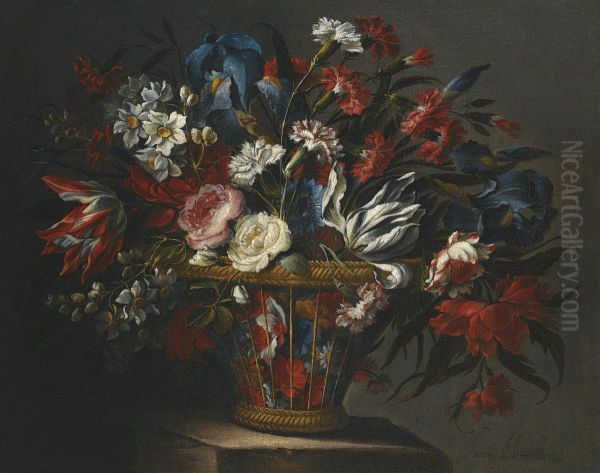 Still Life With Flowers, Including Roses, Narcissi, Peonies, Blueirises And Variegated Tulips, In A Wicker Basket Set Upon A Stoneplinth Oil Painting by Juan De Arellano