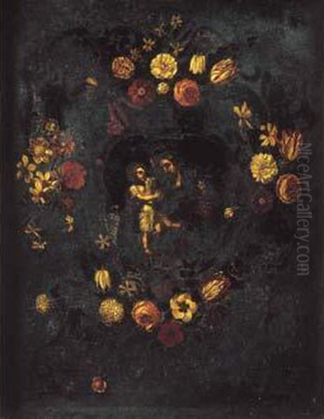 St Joseph Et L'enfant Jesus Dans Une Guirlande De Fleurs Oil Painting by Josefa De Ayala