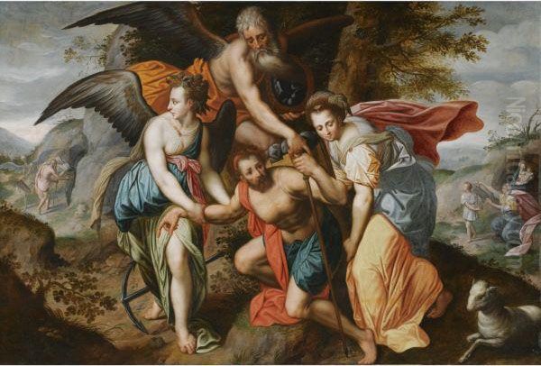 Man Carrying The Burdens Of Time, An Allegory Of The Four Ages Ofman Oil Painting by Jacob I De Backer