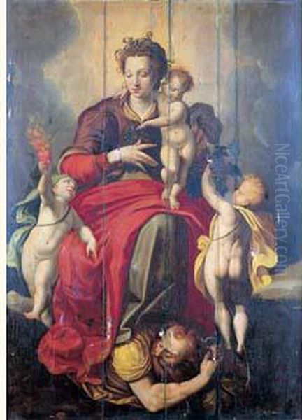 La Vierge Et L'enfant Jesus Avec L'allegorie De L'amour Divin Et L'allegorie De La Passion Du Christ Dominant L'allegorie Du Vice Oil Painting by Philips De Backer