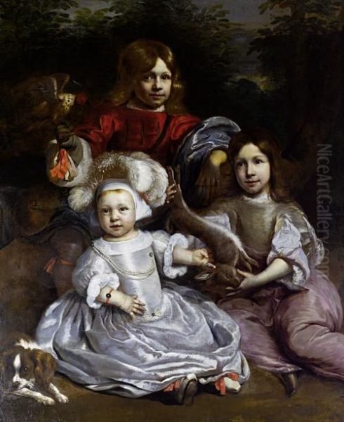 Portrait Of A Young Boy With A Falcon Standingbeside A Young Girl And A Younger Boy Holding A Hare, Both Seatedin A Landscape Oil Painting by Jan de Baen