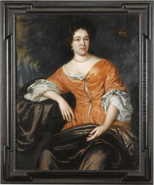 A Portrait Of A Lady, Seated Three-quarter Length, Wearing A Reddress With A Brown Cloak And Pearl Jewellery Oil Painting by Jan de Baen