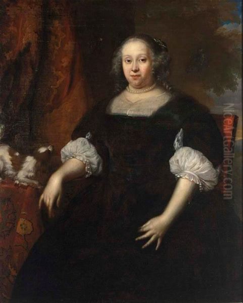 A Portrait Of Geertruid Margaretha Van Varick, Seated Three-quarter Length, Wearing A Black Dress With White Lace Cuffs And A Pearl Necklace, Together With A King Charles Spaniel, In A Landscape Setting Oil Painting by Jan de Baen