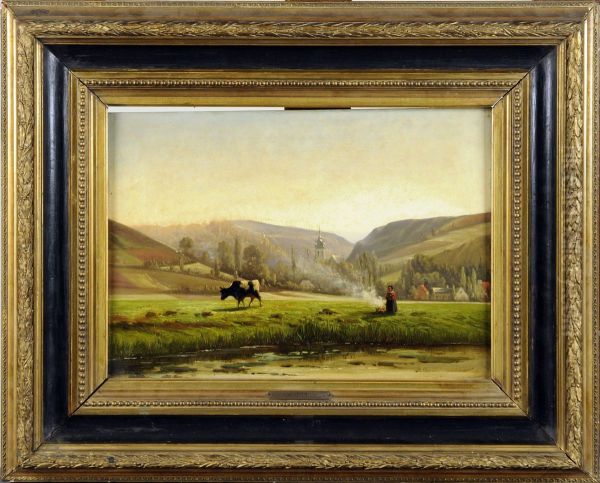 Paysage Avec Vache Et Fermiere. Oil Painting by Felix De Baerdemaker