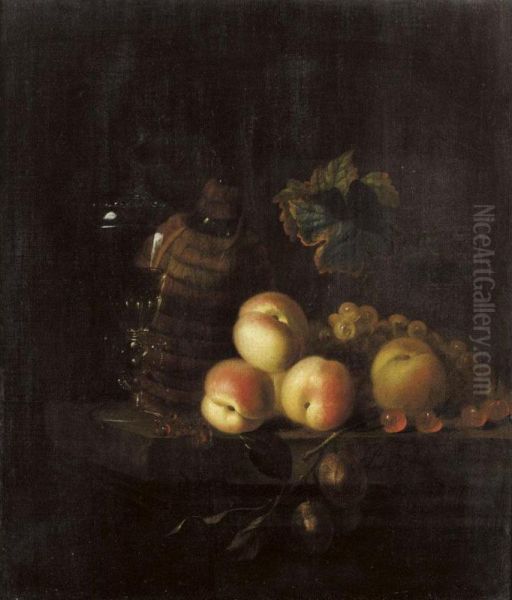 A Still Life Of Peaches, A Carafe, A Glass And Grapes, All Arranged Upon A Ledge Oil Painting by Barent De Bakker