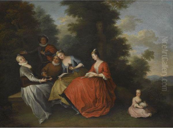 An Elegant Company Seated Outdoors Making Music Oil Painting by Bonaventure De Bar