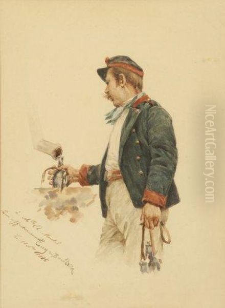 Soldat A La Fontaine Oil Painting by Eugene De Barberiis