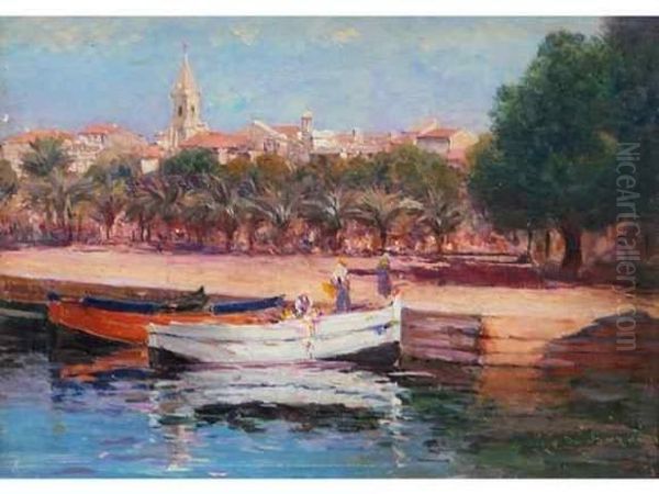 Le Port De Sanary. Oil Painting by Eugene De Barberiis