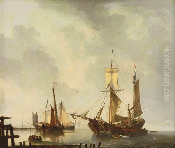 Dutch Moored Vessels On A Calm Oil Painting by Dominique de Bast