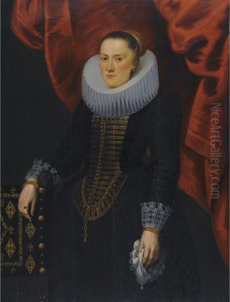 Portrait Of A Lady In Black Dress With Ornate Gold Brocade Smocking
And A Large Ruff Oil Painting by Cornelis De Beer