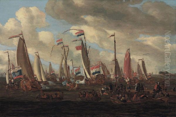 Tsar Peter The Great Viewing The Mock Sea Battle Held In His Honour Oil Painting by I. De Beer