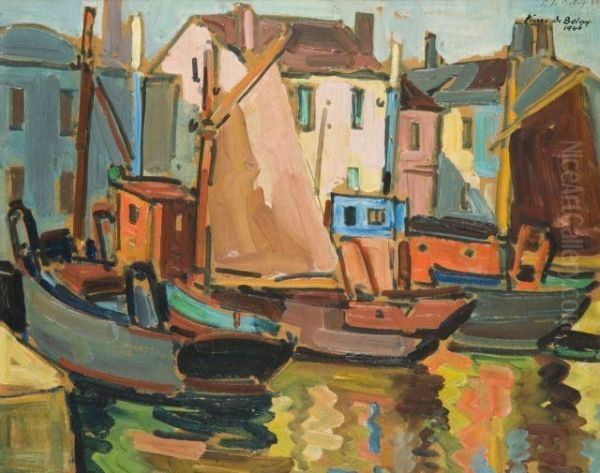 Chalutiers A Douarnenez Oil Painting by Pierre De Belay