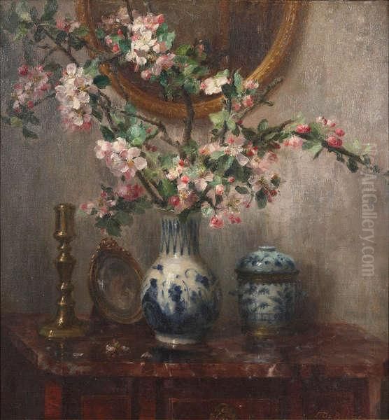 Stilleven Met Bloesemende Twijg In Chinese Vaas Op Commode Oil Painting by Joseph De Belder