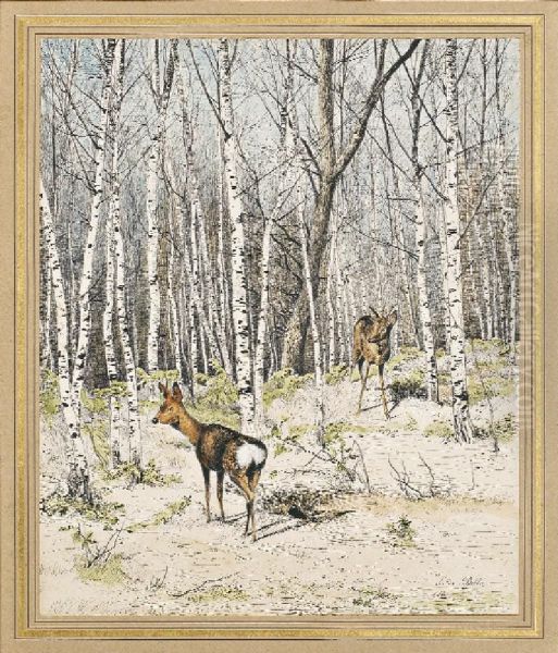 Brocard Et Sa Chevrette Dans Les Bois De Bouleaux Oil Painting by Leon Le Goaebe De Bellee