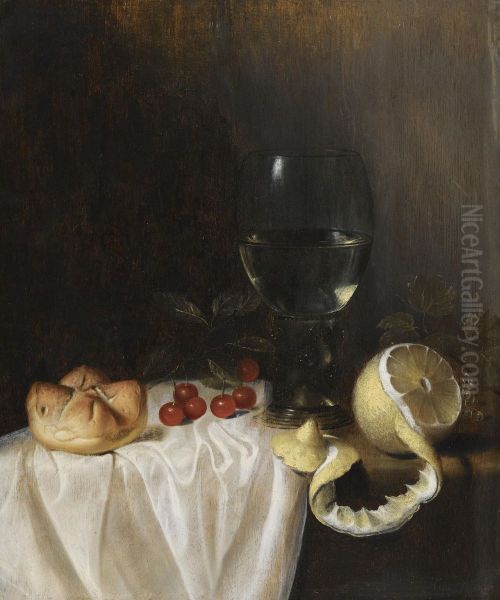 A Still Life With A Roemer, A Peeled Lemon, Cherries And A Bread Roll On A Partly-draped Table Oil Painting by Gillis Gillisz. de Bergh