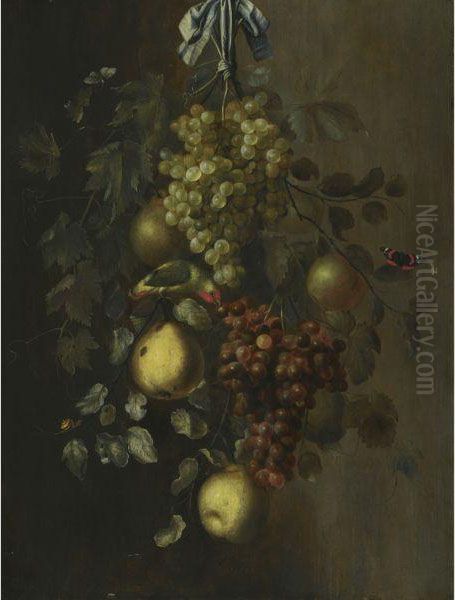 A Festoon Of Grapes, Apples And Pears Hanging From A Nail, Withsnails, Butterflies And A Parrot Oil Painting by Gillis Gillisz. de Bergh