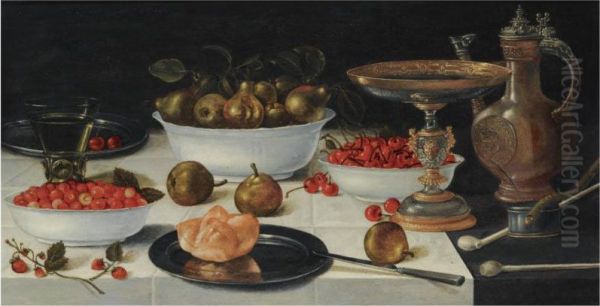 A Still Life With Strawberries, Pears And Cherries In Porcelainbowls, Together With A Bun On A Silver Plate, A Roemer, A Tazza, Ajug, Two Pipes And Burning Taper, All On A Table Draped With Awhite Cloth by Gillis Gillisz. de Bergh