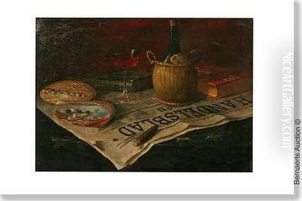 Still Lifewith Newspaper, Bottle Of Wine, Glass And Book. Canvas. Signed Anddated Pascal De Beucker 19 Oil Painting by Pascal De Beucker