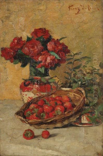 Stilleven Met Rozen In Een Vaas En Aardbeien In Een Mand Oil Painting by Franz De Beul