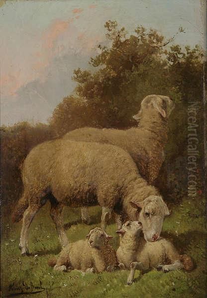 Schapen En Lammeren Aan De Zoom Van Het Woud. Oil Painting by Franz De Beul