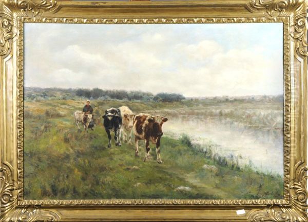 Vaches Au Bord De L'eau Oil Painting by Franz De Beul