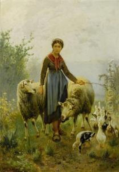 Young Peasant Maid With Sheep And Geese Oil Painting by Henri De Beul