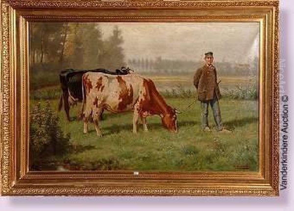 Paysan Et Ses Deux Vaches Au Pre Oil Painting by Henri De Beul