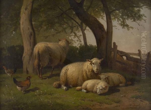 Moutons Et Poules A La Barriere Oil Painting by Beul Henry De