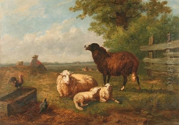 Sheep, Lambs And Chickens Before A Landscape Oil Painting by Laurent De Beul